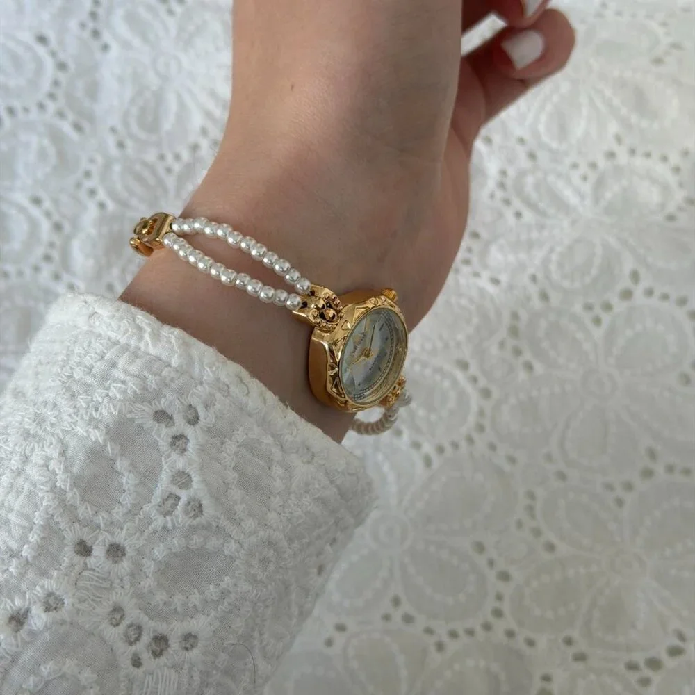 Sku0491 Retro Gold White Pearl Women Fashion Round Watch Bracelet +‎ gift bag